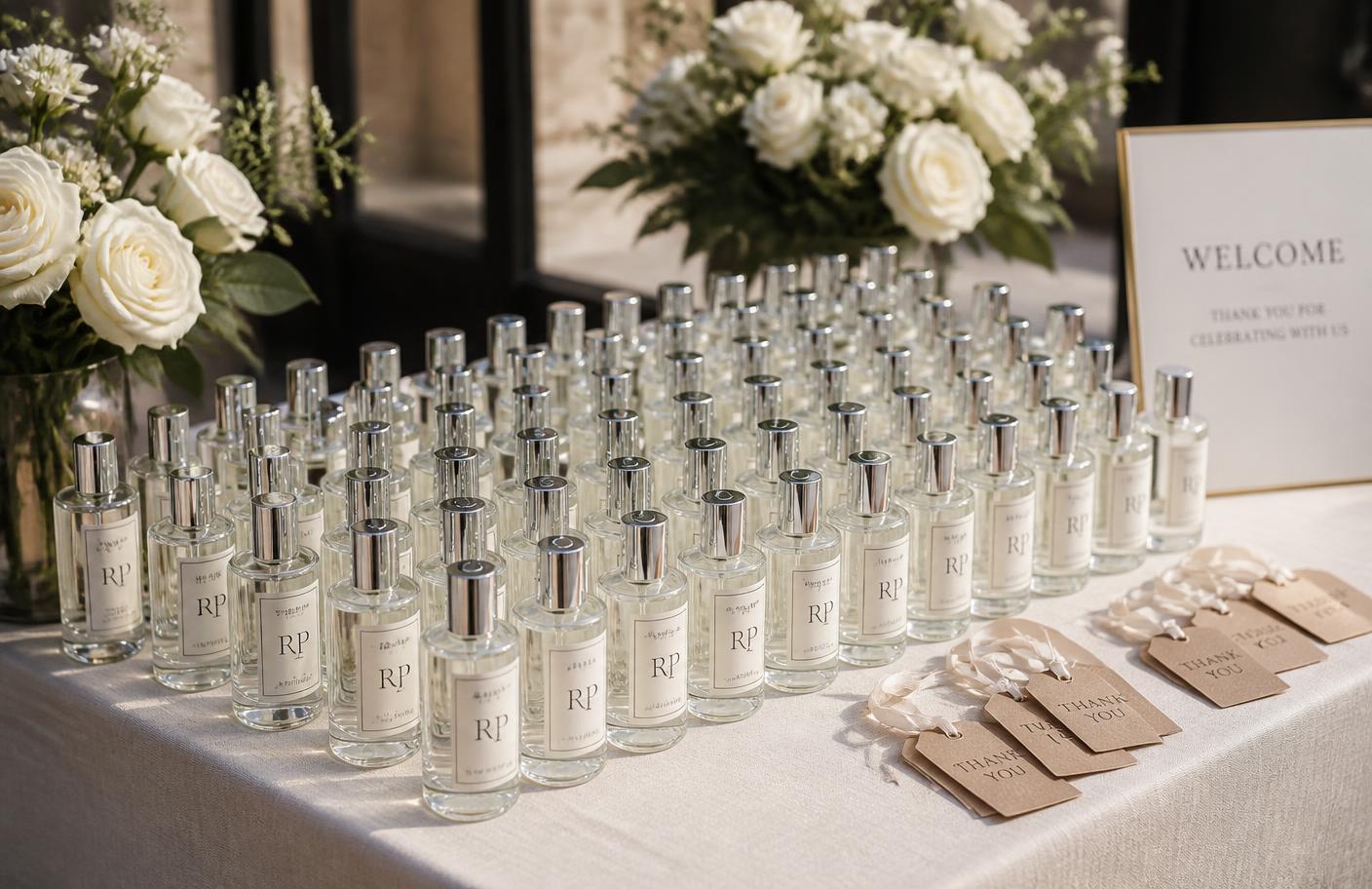 Mesa de evento com dezenas de mini perfumes personalizados